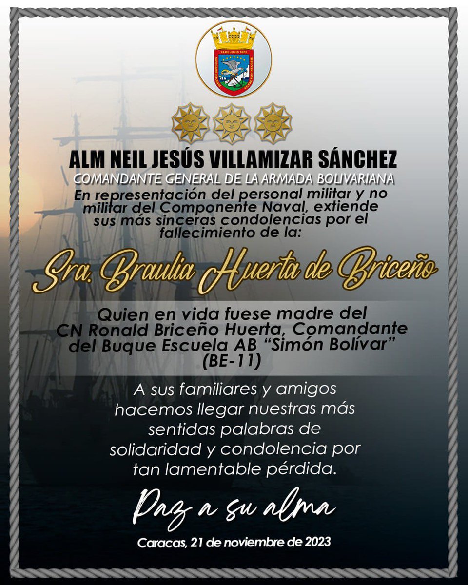 El personal de la <a href="/ArmadaFANBVzla/">Cuenta Oficial de la Armada Bolivariana</a>, se une al luto que embarga al CN Ronald Briceño Huerta y Familia, por la pérdida irreparable de su Sra. madre Braulia Huerta. Rogamos a Dios omnipotente, le dé el descanso eterno y brille para ella la luz perpetua.
✝️Q.E.P.D✝️