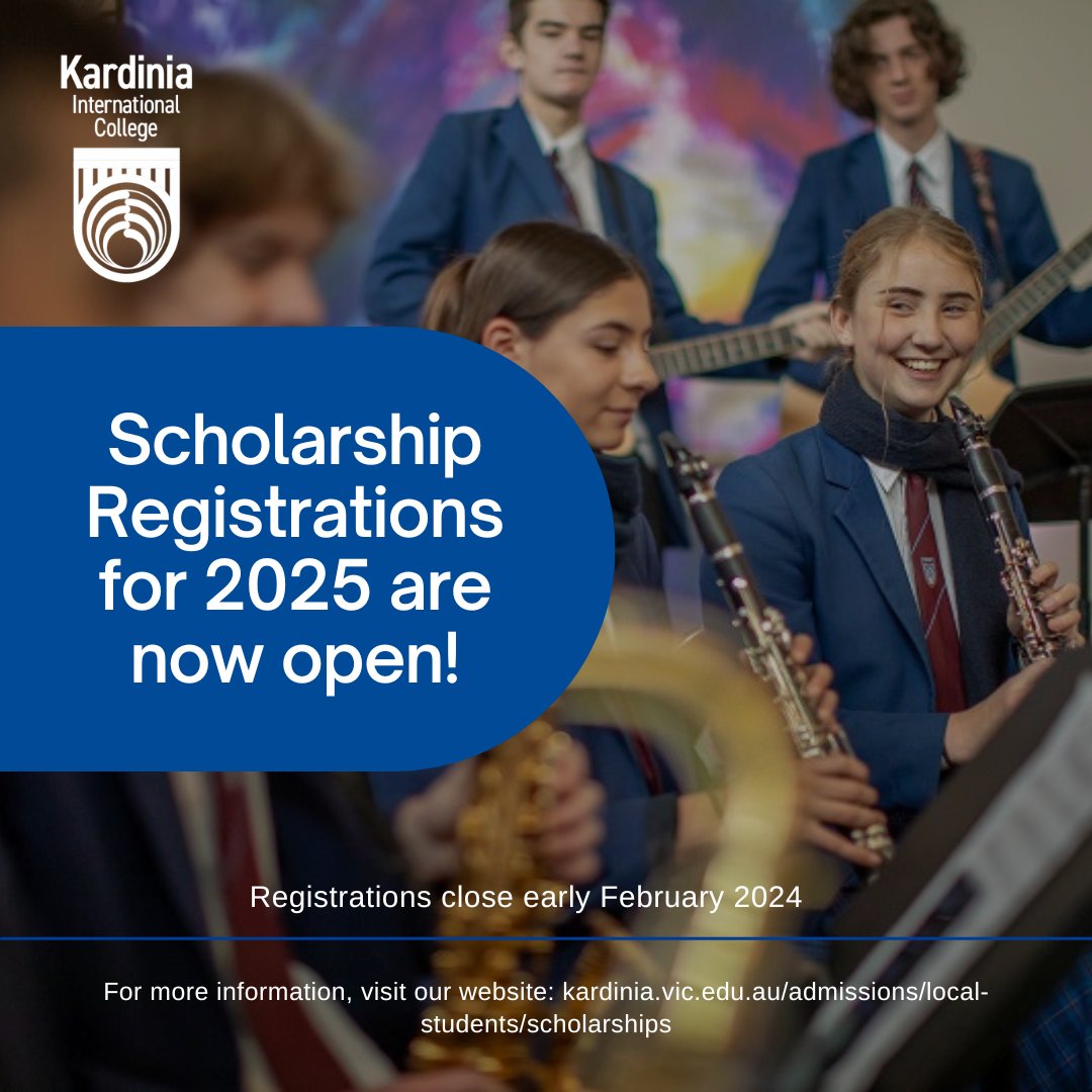 Register now for Kardinia International College 2025 Music Scholarships (Years 7-11) and Academic Scholarships (Year 7 only) at kardinia.vic.edu.au/admissions/loc… Registrations will close early February 2024.
