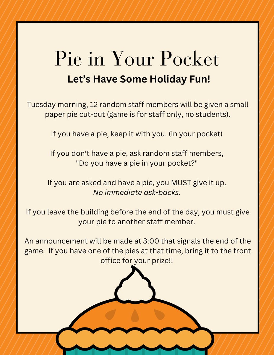 MrsAmyMoser's tweet photo. Staff @SES_WJCC participated in a friendly game of Pie in Your Pocket!  Lots of laughs and competitive spirit as we look forward to Thanksgiving break!  🌊 🌟❤️ https://t.co/WKvm8NIbF6