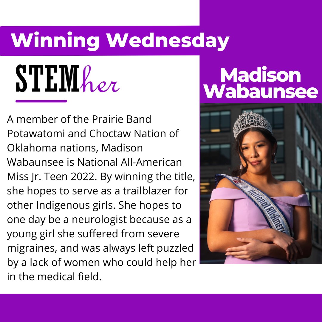 STEMher_'s tweet image. A member of the Prairie Band Potawatomi &amp;amp; Choctaw Nation of Oklahoma nations, Madison Wabaunsee is National All-American Miss Jr. Teen 2022. By winning the title, she serves as a trailblazer for other Indigenous girls. #nativesinSTEM #NativeAmericanHeritageMonth #winningwednesday