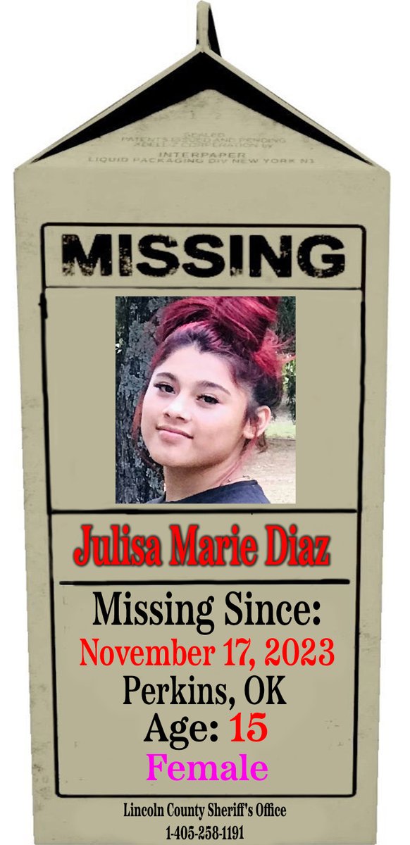 🚨🚨🚨 MISSING CHILD 🚨🚨🚨

Julisa Marie Diaz
Age: 15
Missing Since: 11/17/23
#Perkins, #Oklahoma 

Please Call If You Have Information:

#LincolnCounty Sheriff's Office
1-405-258-1191

#ProjectMilkCarton 
#MissingChildren 
#BringThemHome