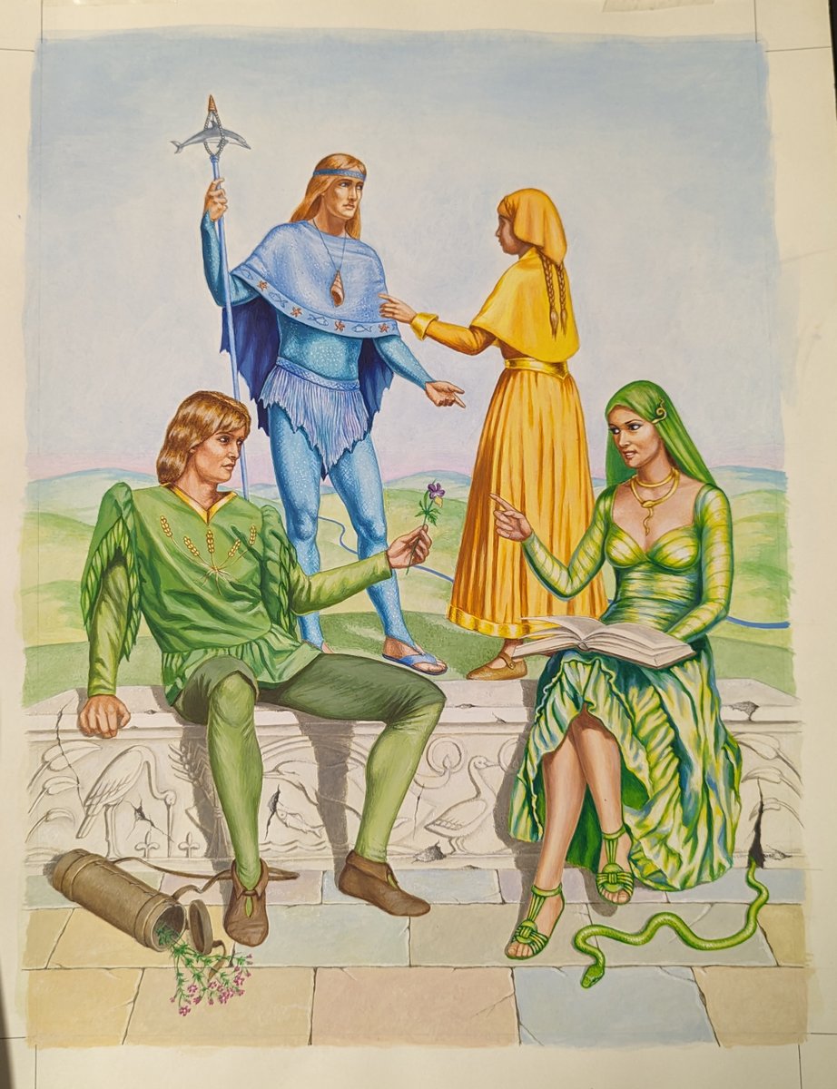 4helden1schelm's tweet photo. Für die DSA3-Box "Götter, Magier und Geweihte" malte Ina Kramer A3-Farbtafeln mit Helden-Archetypen. Auf einem Bild hat sie vermutlich sich selbst, Ulrich Kiesow und Britta Herz verewigt. #INAvember https://t.co/UDB7BVFTjr