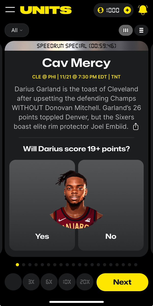 xclusiveepropz's tweet photo. 🔥🔥  discount on Units tonight! Garland points from 24+ ➡️ 19+

Units is a new DFS app that has a curated list of props and stories about the player. It’s available in all the normal DFS states

Use the link in the comments for 100% deposit match up to $100 ⬇️ ⬇️ https://t.co/Eg65LxZdIw