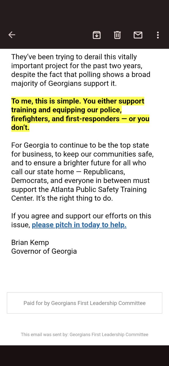 SobSax's tweet photo. Gov. Kemp's Leadership PAC fundraising off of "Cop City." 
If you click through, the donation link uses an AJC headline as its letterhead. https://t.co/EbxgdCKqG7