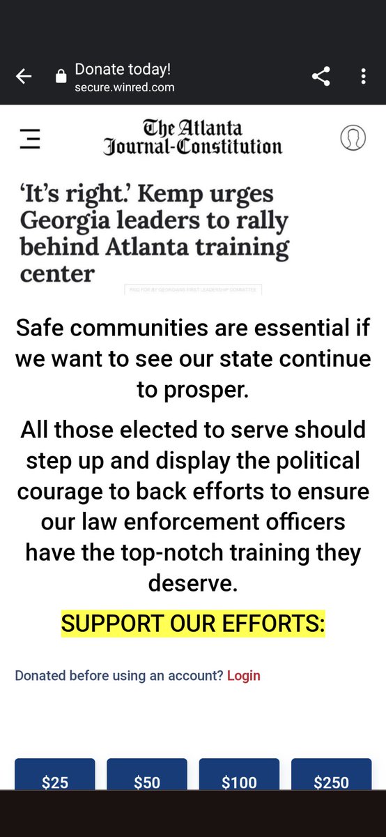 SobSax's tweet photo. Gov. Kemp's Leadership PAC fundraising off of "Cop City." 
If you click through, the donation link uses an AJC headline as its letterhead. https://t.co/EbxgdCKqG7