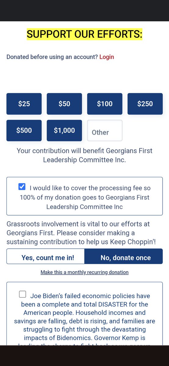 SobSax's tweet photo. Gov. Kemp's Leadership PAC fundraising off of "Cop City." 
If you click through, the donation link uses an AJC headline as its letterhead. https://t.co/EbxgdCKqG7