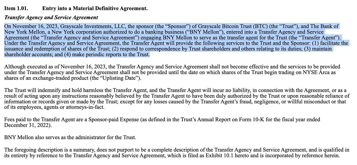 BitcoinMagazine's tweet photo. NEW - 🇺🇸 Grayscale met with the SEC and disclosed its reached a Transfer Agency and Service Agreement with BNY Mellon for it's spot #Bitcoin ETF https://t.co/mrM0D0tuIS