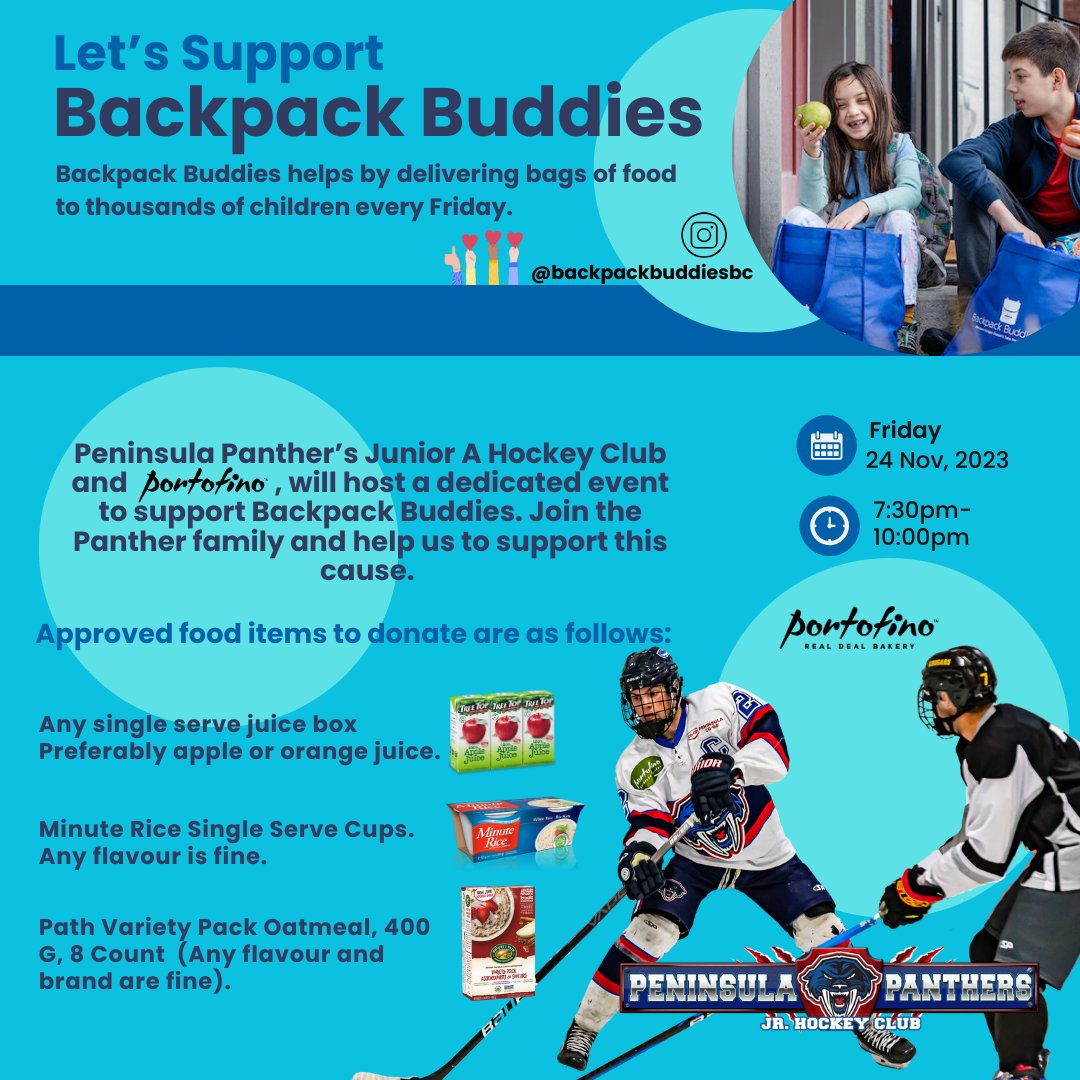 ppanthersvijhl's tweet photo. What a generous crowd last Friday in support of the Lougheed family. Let's all do it again, this time for Backpack Buddies. Thank you for being a great community supporter Portofino Bakery. Game time is 7:30 pm Friday. Portofino will be collecting the donated items. Thank You!! https://t.co/PNQEImgWgj