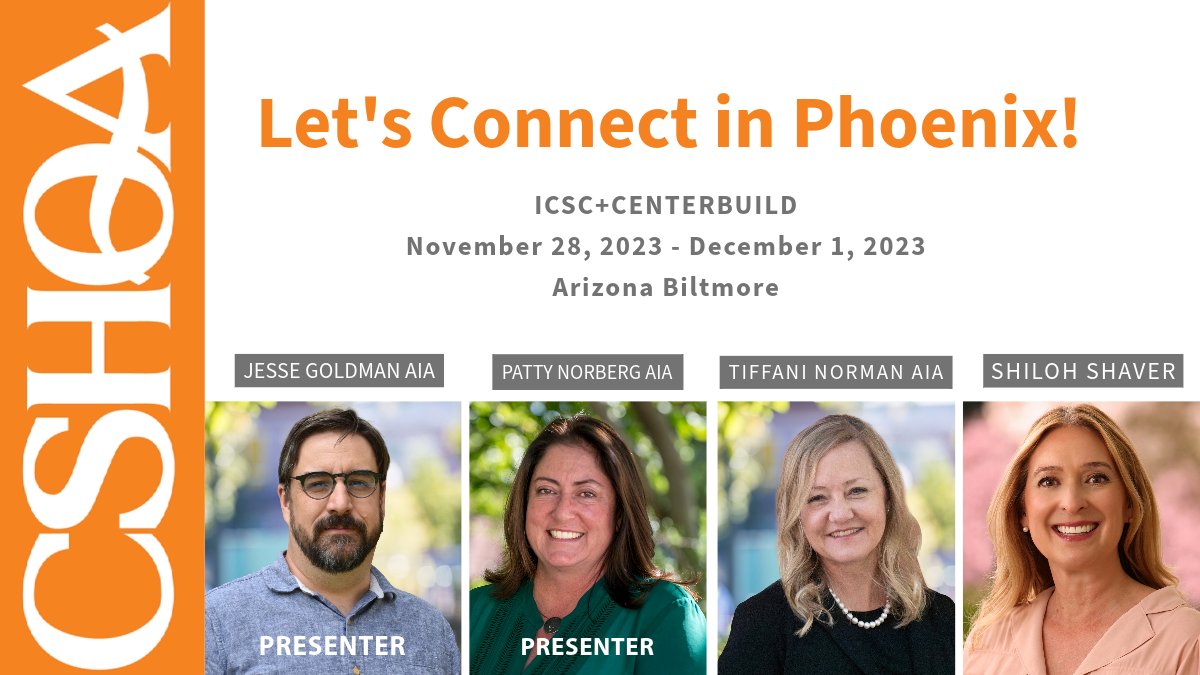 CSHQA's tweet photo. Four of our talented team members will attend the 2023 @icsc +CENTERBUILD event at the Arizona Biltmore in Phoenix. They can't wait to connect with you all there! #Centerbuild #ICSC #ModularConstruction #ModularRetail #IntegratedProjectDelivery https://t.co/H3qYeb21kI