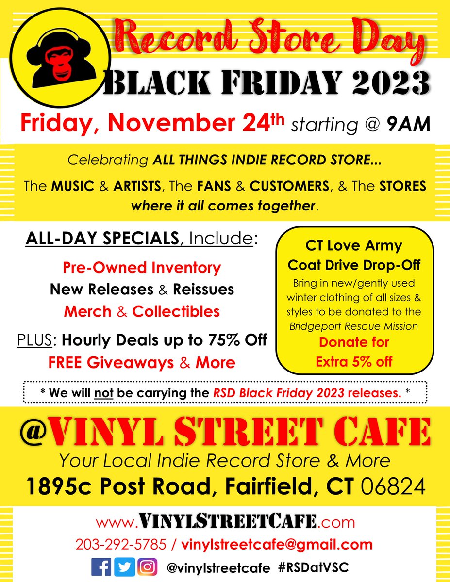 Celebrate #RecordStoreDay this #BlackFriday &amp; all wknd-long @ #VSC w/ special sales, free giveaways &amp; more.  Festivities begin Fri 11/24 @ 9am, carry into #SmallBusinessSaturday, &amp; culminate on Regular-Ol'-Sunday.

Pls note: we will not have any #RSD Black Friday titles.