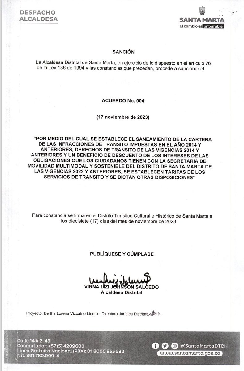 VirnaJohnson's tweet photo. Buenas noticias, sancioné el proyecto de acuerdo que prescribe comparendos e impuestos de derecho tránsito del año 2014 y anteriores.

También contempla una amnistía del 100% a los intereses de los comparendos e impuestos de tránsito desde el 2015 a la fecha. Solo pagarán el valor de la infracción interpuesta y estará disponible hasta el 29 de diciembre del 2023.

Y a partir del 2024 se reducen los valores de algunos trámites en la Secretaría de Movilidad, como matrícula, licencias, entre otros.