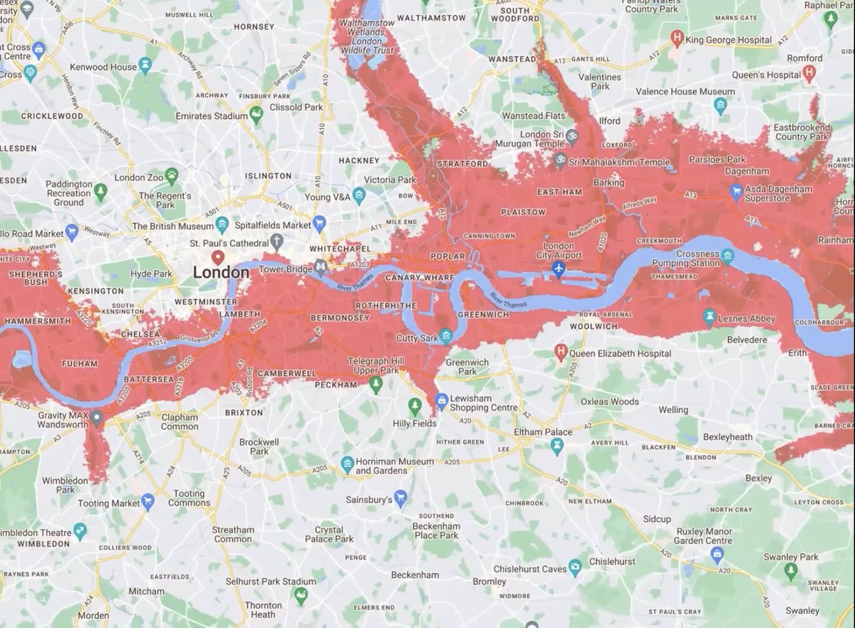 This is the area of London predicted to be under floodwater in this generations lifetime. That’s some of the most valuable estate on the planet. Flood defense systems won’t prevent that.