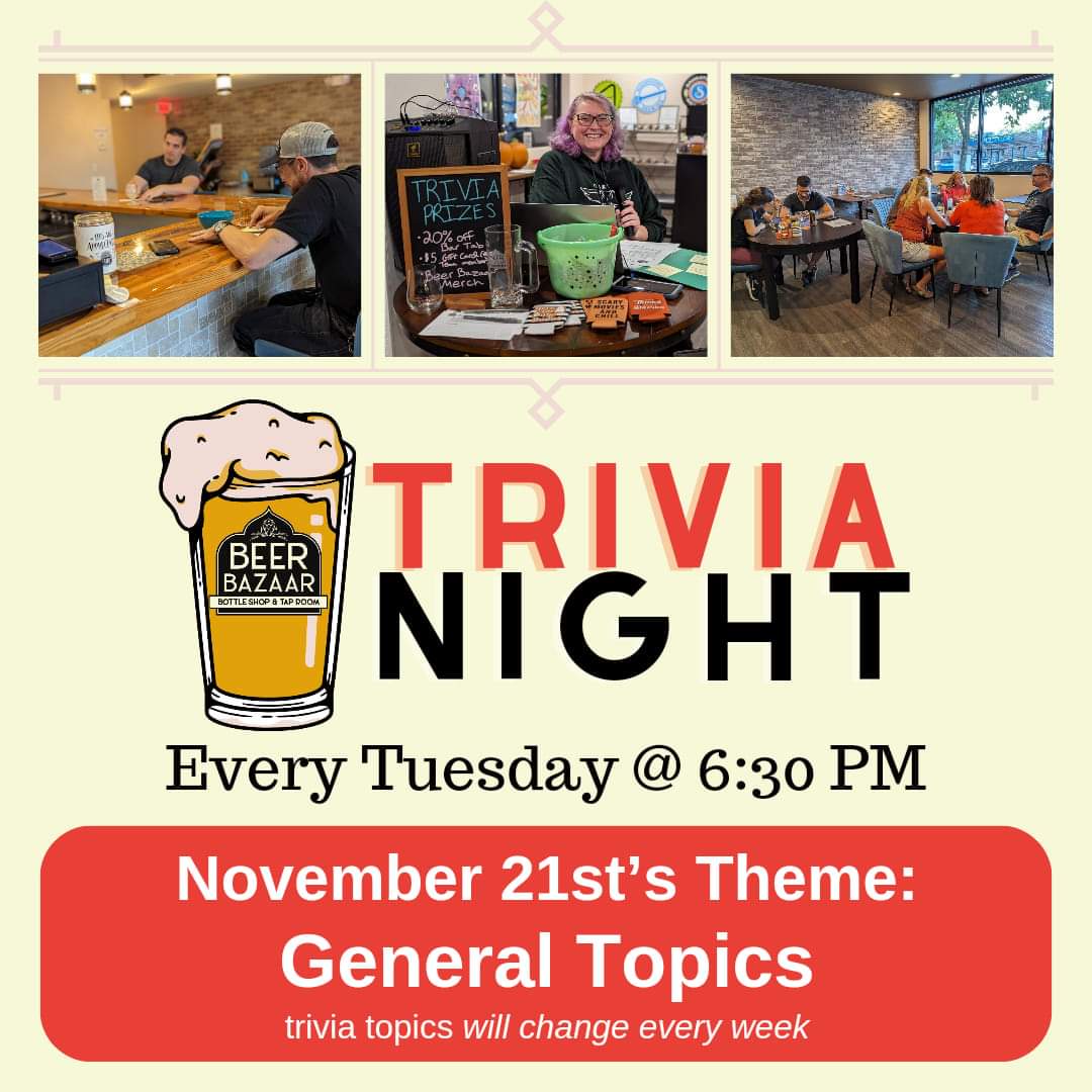 General Topics Trivia today at 6:30pm Who's excited? We are!
#trivianight #trivia #pubtrivia  #triviatuesday #triviagame #drinklocal #supportlocal #localbusiness #smallbusiness #DrinkIllinois #chicagobeer #bottleshop #beerbazaar #thebeerbazaar #visitgrayslake #visitlakecountyIL