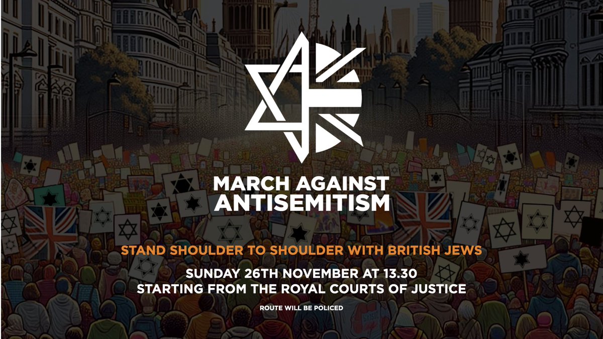 MARCH AGAINST ANTISEMITISM

This Sunday, will you stand shoulder to shoulder with British Jews?

Join the march starting at 13:30 from the Royal Courts of Justice, Strand, London WC2A 2LL

Route will be policed