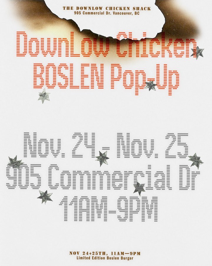 POP UP AT DOWNLOW IN VANCOUVER NOV. 24/25!** 😵‍💫 Happy to announce the official 'BOZZY BURGER'** - We will be doing a giveaway for kids after school from 3-4pm 🌋🌋🌋