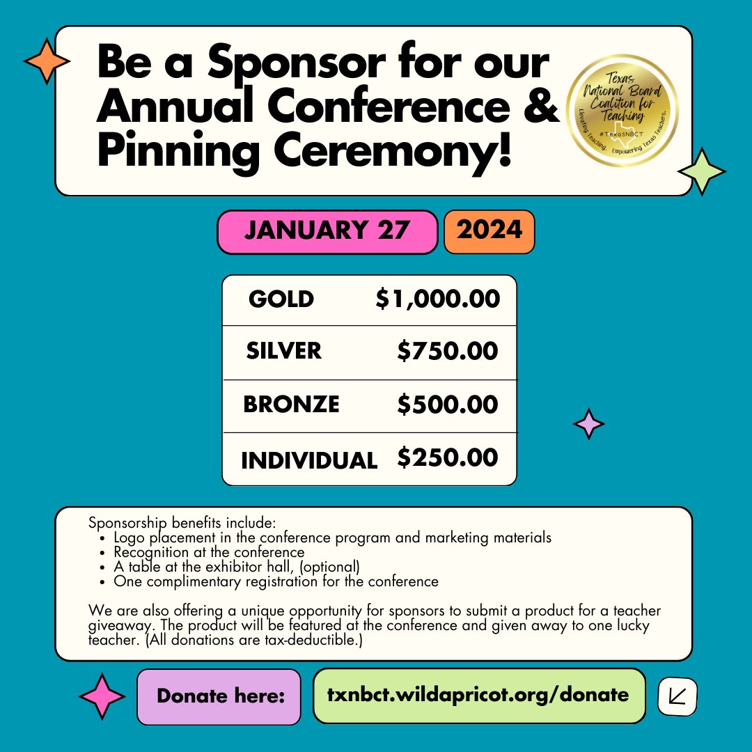 TexasNBCT (@texasnbct) on Twitter photo Hey Friends, Family, & Followers 👋🏼 This holiday season, be a sponsor for our Annual Conference & Pinning Ceremony to facilitate a full-day of professional learning for #TXed NBCT Teachers, <a href="/NBPTS/">National Board</a> Candidates, and leaders in education! 🔗 txnbct.wildapricot.org/Donate Hey Friends, Family, & Followers 👋🏼 This holiday season, be a sponsor for our Annual Conference & Pinning Ceremony to facilitate a full-day of professional learning for #TXed NBCT Teachers, <a href="/NBPTS/">National Board</a> Candidates, and leaders in education! 🔗 txnbct.wildapricot.org/Donate