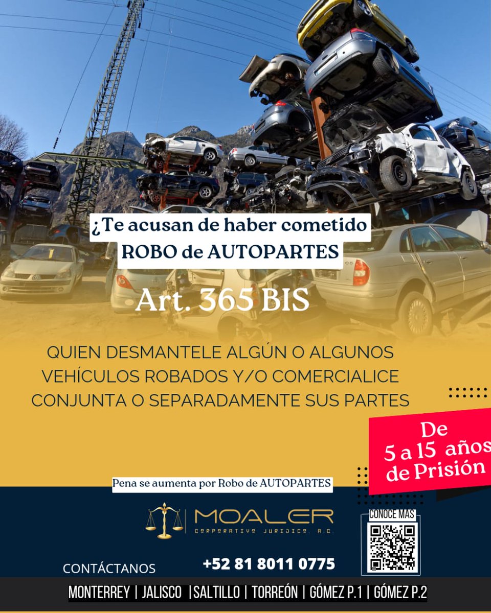 ¿Sabías que el robo de autopartes es un delito grave que puede llevarte a la cárcel? 📷 Según el Código Penal de Nuevo León, si robas, compras, vendes o usas piezas de un coche robado, puedes enfrentarte a una pena de 5 hasta 15 años de prisión y una multa de hasta 300 cuotas. 📷