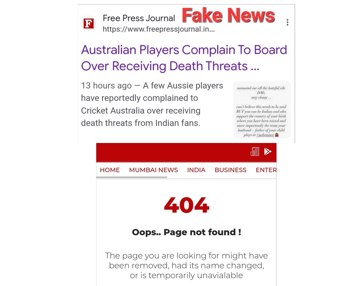 AskAnshul's tweet photo. 2) Free Press Journal also reported fake news that Australian players complained to board over receiving death threats from Indian fans.

Later, Free Press Journal removed its fake news article. But no apology or clarification issued by the portal. https://t.co/aalZBMfxXU