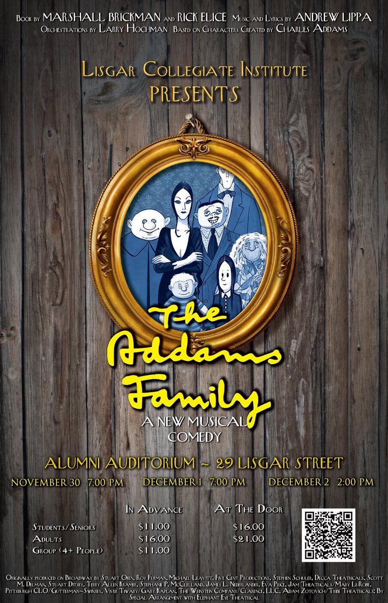 Join us for The Addams Family Musical in the Lisgar Alumni Auditorium on November 30th &amp; December 1st at 7:00pm, and December 2 at 2:00pm. You can purchase tickets here: docs.google.com/presentation/d…