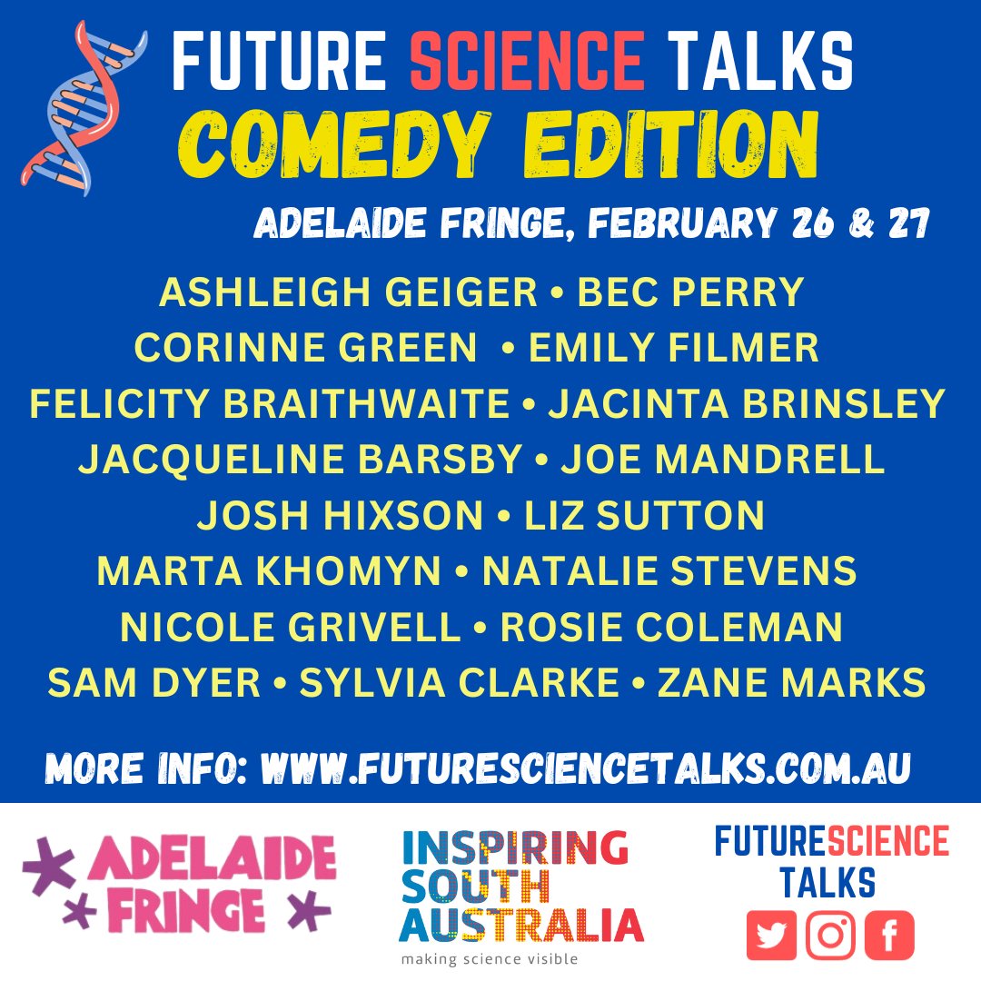 Thrilled to announce the #AdelaideFringe participants of Future Science Talks: Comedy Edition

This will be our first show of 2024 🤩🧬

The Science Comedy Program is being run nationally in 2024. More info here: futuresciencetalks.com.au/science-comedy…