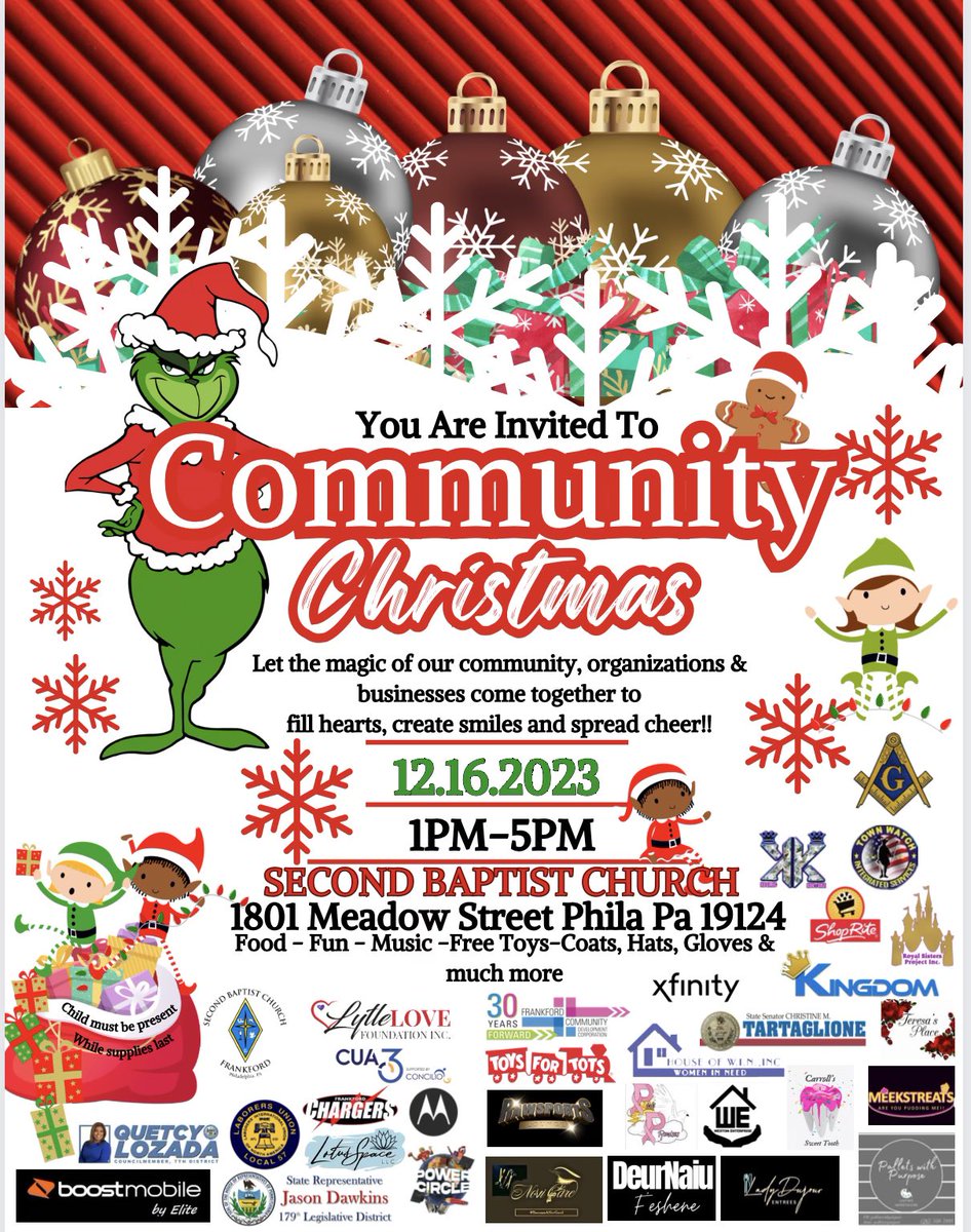 Community Christmas!!! 🚨Saturday, 12/16 ⛪️ Second Baptist Church 📍1801 Meadow St. Phila, PA 19124 ⌚️1 pm to 5 pm Warm winter coats, toys, hats, gloves, give-aways, raffles, music, games, fun & more! @boost_elite @seanlee9 #CommunityMatters #GetAfterIt #Boostmas #Philly