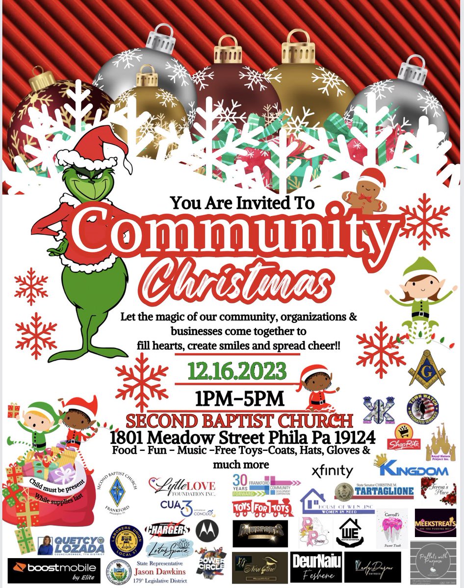 Community Christmas!!!

🚨Saturday, 12/16

⛪️ Second Baptist Church 

📍1801 Meadow St. Phila, PA 19124

⌚️1 pm to 5 pm

Warm winter coats, toys, hats, gloves, give-aways, raffles, music, games, fun &amp; more!

<a href="/boost_elite/">Elite Mobile</a> <a href="/seanlee9/">Sean Lee</a> 

#CommunityMatters #GetAfterIt #Boostmas #Philly