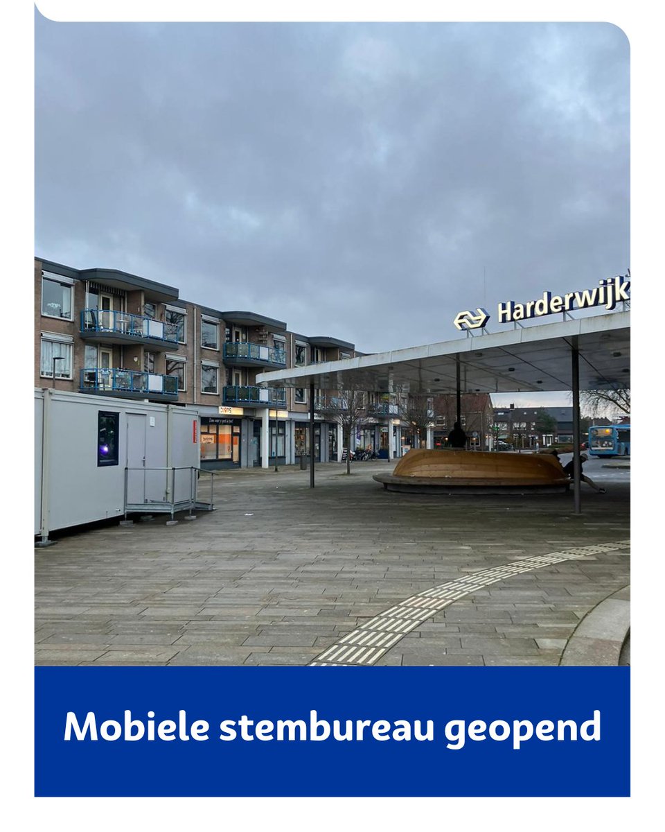 Het mobiele stembureau is geopend! Tussen 6.00 en 9.00 uur kun je stemmen bij het mobiele stembureau op het station. De reguliere stemlocaties openen om 07.30 uur. Meer informatie over de verkiezingen en waar je kunt stemmen vandaag? 👉 harderwijk.nl/verkiezingen