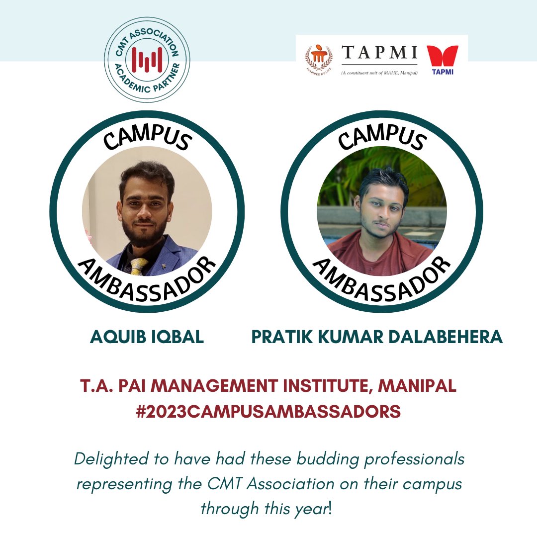 CMTAssociation's tweet photo. As this year comes to end, we’d just like to say how delighted we were to have had these budding professionals from @MyTAPMI representing the CMT Association on their campus!
Time for the next! Who’s up for the challenge?
#AcademicPartnerProgram #campusambassadors https://t.co/iN9AmU5RU1