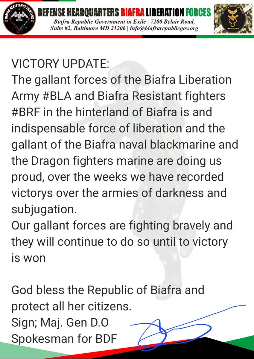 DhqrsBLF's tweet photo. The Biafra defense force have in the past weeks recorded many victories over the enemy force. Today, the chief of defence staff of Nigerian armed forces confirmed it.
Our gallant forces must continue to fight bravely. https://t.co/Jgg0HIsu4W