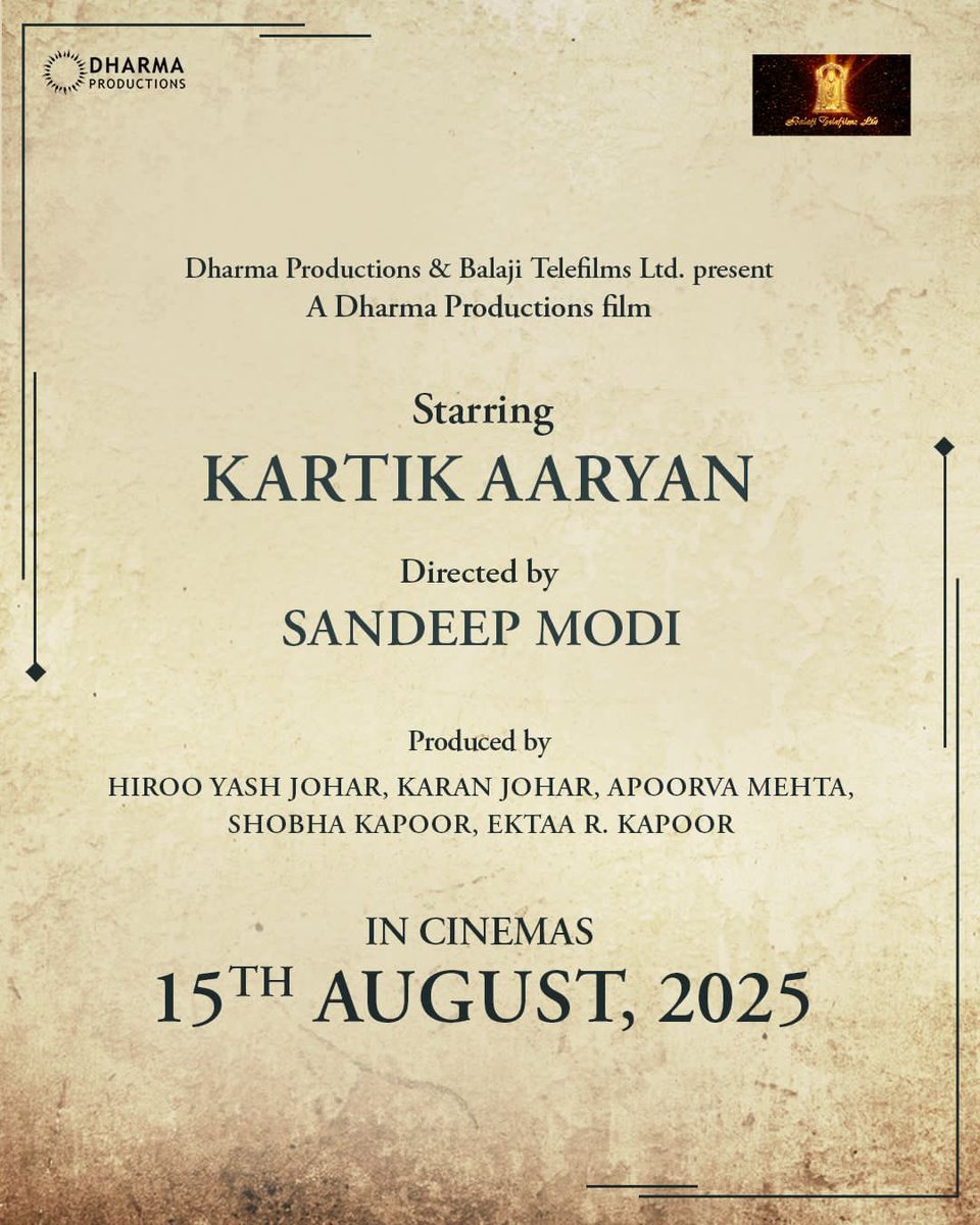 Rahulrautwrites's tweet image. Two years after the #Dostana2 fallout, #KaranJohar and #KartikAaryan bury the hatchet to collaborate on a massive war drama.. @TheAaryanKartik to star in Karan and @EktaaRKapoor&apos;s next production, to be directed by #TheNightManager fame Sandeep Modi... August 15, 2025 Release!