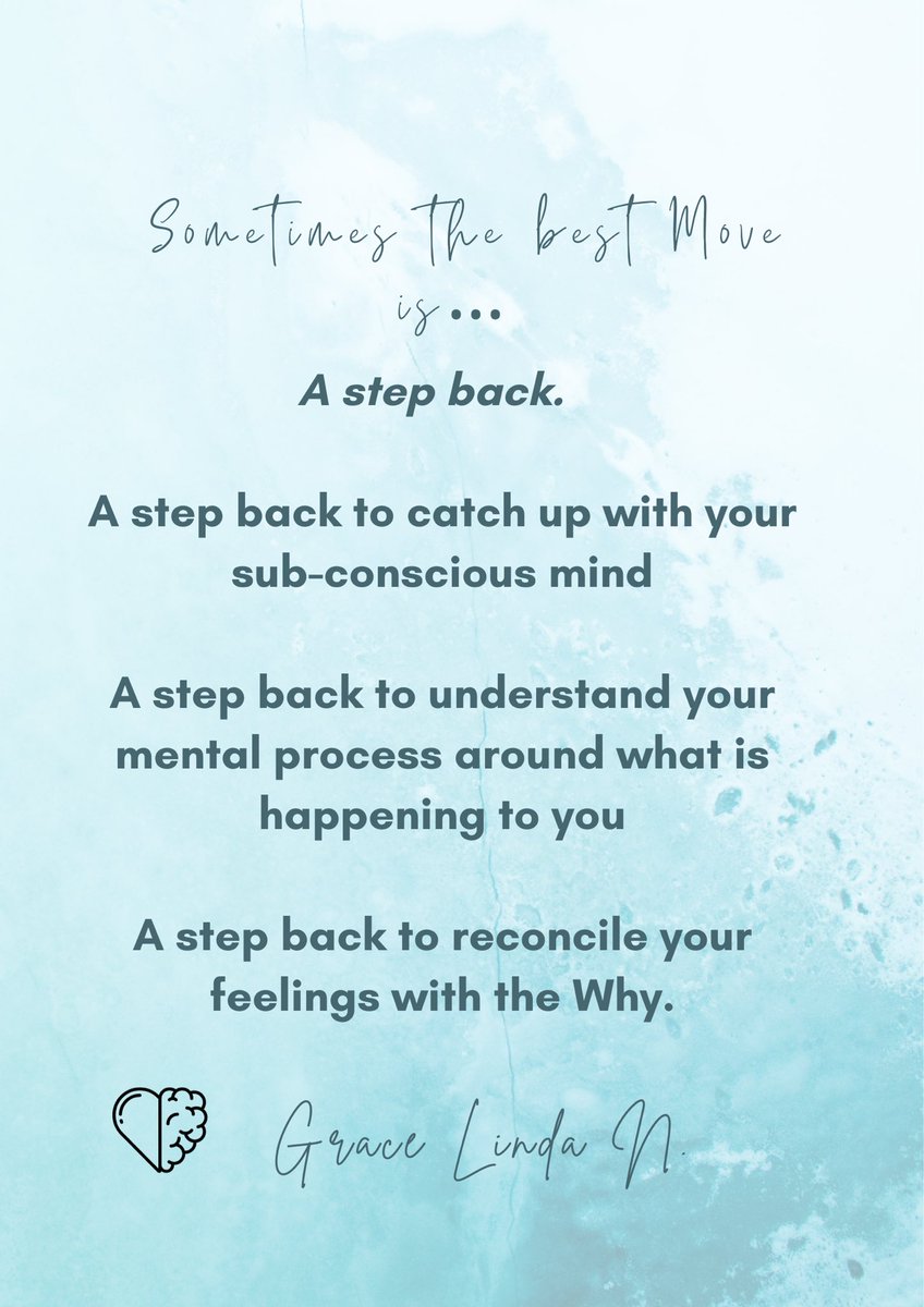 Perhaps a step back is just what the therapist will recommend. A step back to rethink all your plans A step back to re-evaluate your goals A step back to reflect on the mistakes A step back to make sense of your feelings or reactions A step back from participating