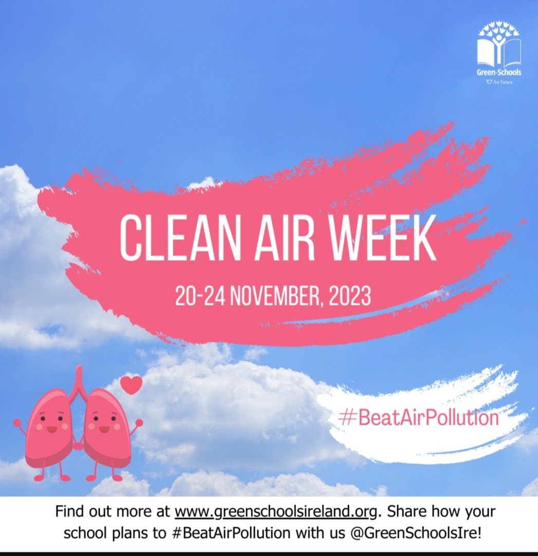 For Clean Air Week, the <a href="/GreenSchoolsIre/">Green-Schools</a> Committee are reminding parents and guardians to turn off their engines whilst waiting at pickup times for our 'No Idling' campaign!  Students had a talk with Chiara Hanrahan, Green-Schools Travel Education Officer, #careaboutyourair