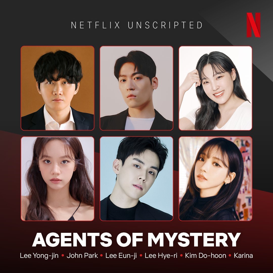 #LeeYongJin, #JohnPark, #LeeEunJi, #LeeHyeRi, #KimDoHoon, and #aespa's #Karina confirmed cast of the upcoming Netflix variety show #AgentsOfMystery, by #TheDevilsPlan PD Jeong Jong-yeon.