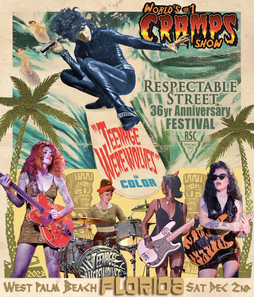 FREE EVENT! 12.02..23
@theteenagewerewolves (Cramps UK tribute) headline @respectablestreet 36 Year Anniversary Block Party in West Palm Beach. 6 stages of local talent. Open Bar 8-9pm. Free Pizza!
TIX: RSC36.eventbrite.com
Presented by @respectablestreet + <a href="/heroesliveent/">Heroes Live Entertainment</a>