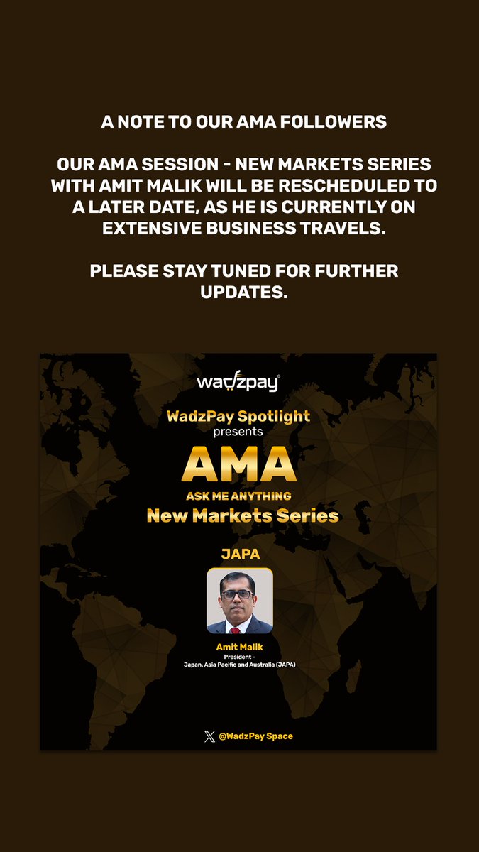 A note to our AMA followers, our AMA session - New Markets Series with Amit Malik will be rescheduled to a later date, as he is currently on extensive business travels. 

Please stay tuned for further updates!