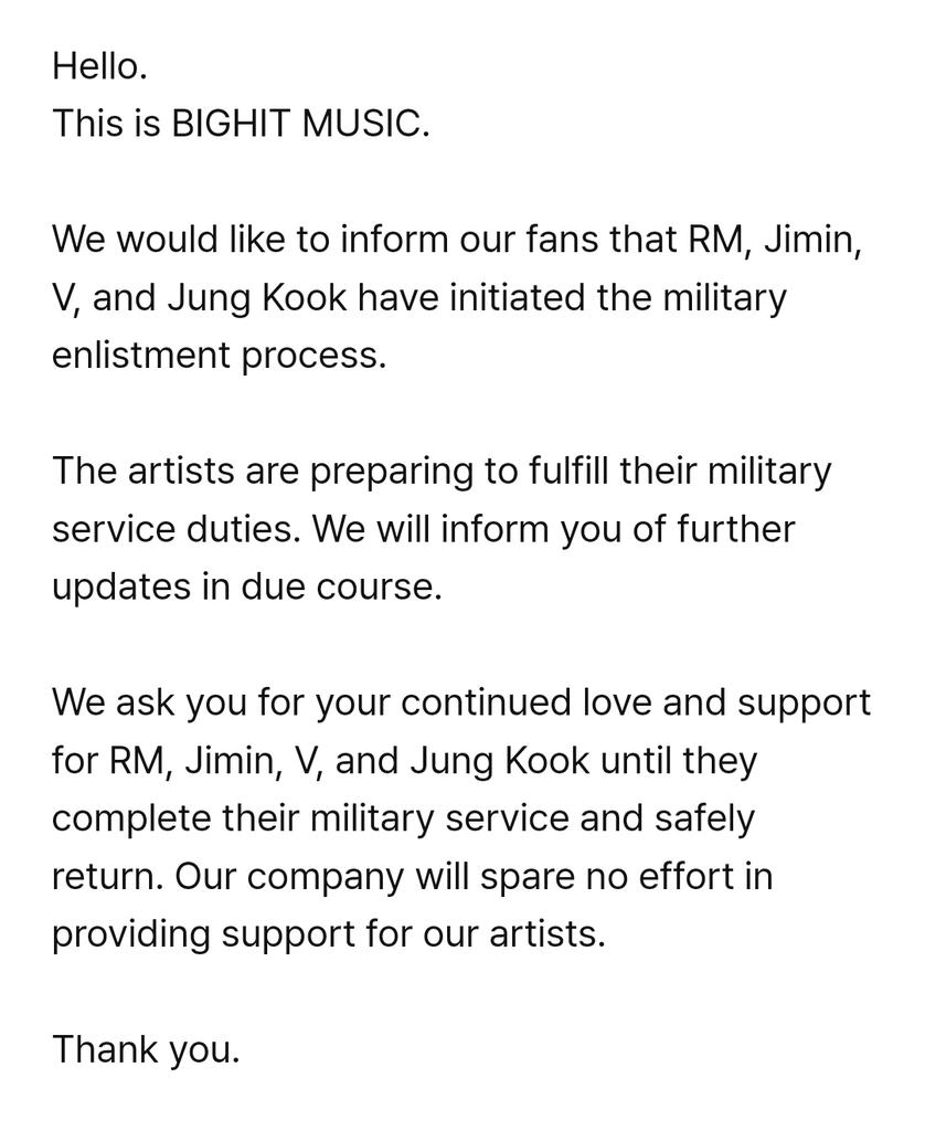 Comunicado en Español del proceso del Servicio Militar de RM, Taehyung, Jimin y Jungkook 📄 'Hola. Esto es BIGHIT MUSIC. Nos gustaría informar a nuestros fans que RM, Jimin, V y Jung Kook han iniciado el proceso de alistamiento militar. Los artistas se preparan para cumplir