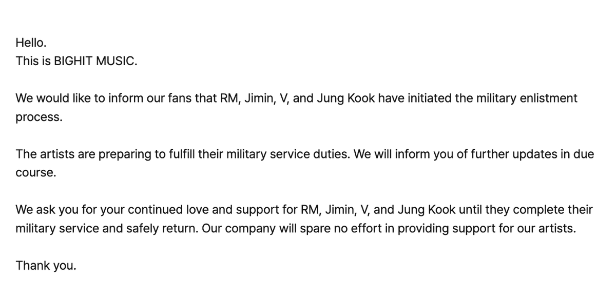 [Weverse Notice] RM, Jimin, V, and Jungkook have initiated the military enlistment process and are preparing to fulfill their military service duties.