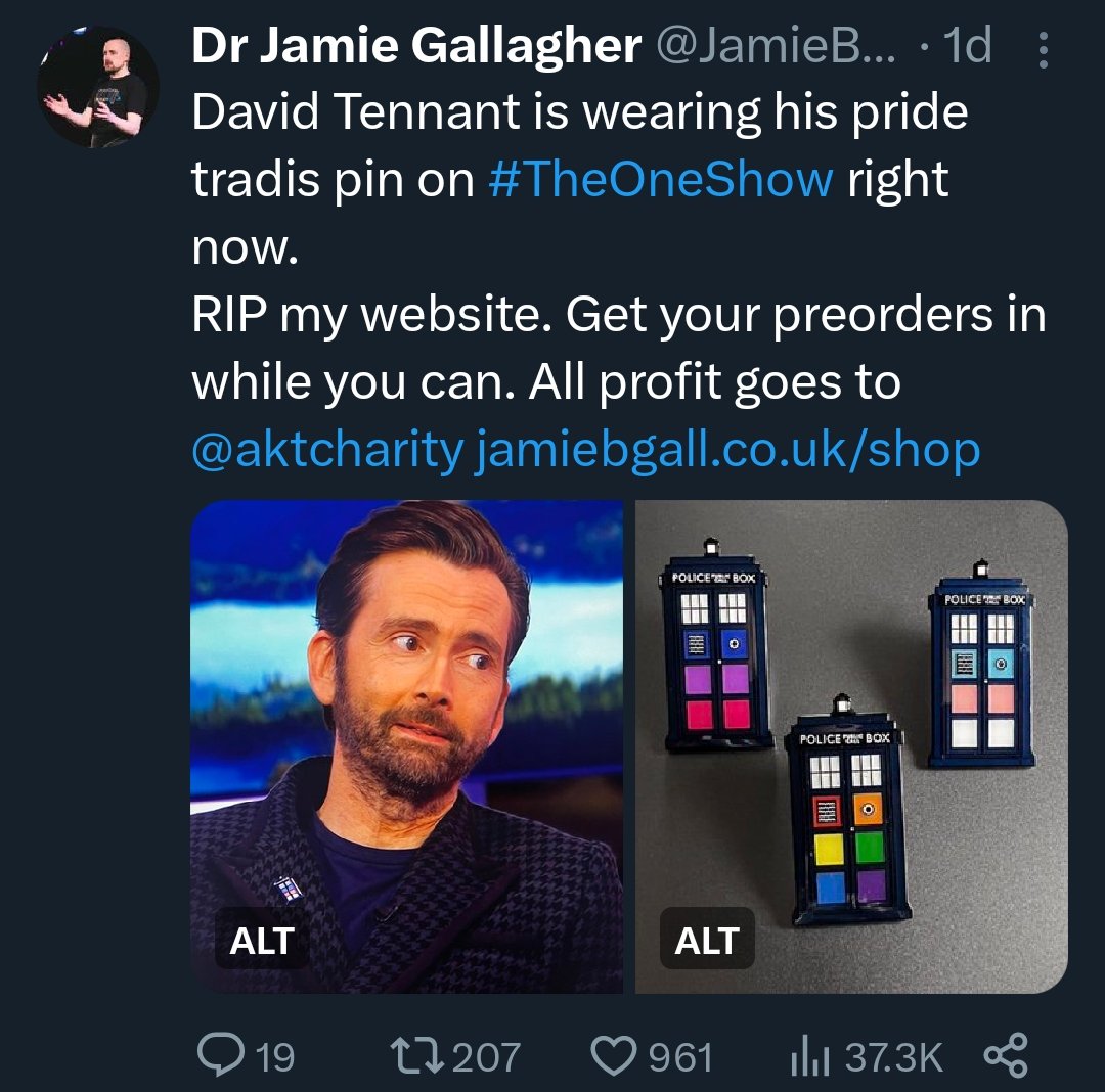 xForest_Ghoulx's tweet photo. the fact that David Tennant simply wearing the trans flag-colored TARDIS pin on national TV caused such an uptick in sales that the designer was able to donate $4000 within a couple days to charity and it crashed their website is wild??? his influence and reach omg https://t.co/HZvkANC1Np