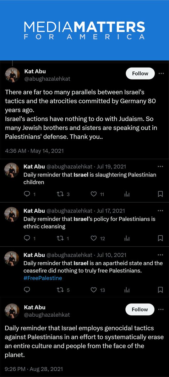 KanekoaTheGreat's tweet photo. NEW: Media Matters employees have publicly posted comparisons between Israel and Nazi Germany, branding Israel as an apartheid state engaged in genocide and accusing it of being established through ethnic cleansing.

Regardless of one's stance on the Israel-Palestine conflict, it is noteworthy that Media Matters, an organization dedicated to denouncing individuals as antisemitic and advocating for their deplatforming and loss of advertising revenue, employs individuals who publicly make statements that many would consider highly antisemitic.

Quotes from Media Matters employees include:

1. "There are far too many parallels between Israel's tactics and the atrocities committed by Germany 80 years ago."

2. "can't tell if israel is phoning it in with dogshit PR because they think their ability to act with complete impunity is preordained, or because it is a country where one out of every ten guys runs a combination pizzeria/discothèque"

3. "Daily reminder that Israel's policy for Palestinians is ethnic cleansing."

4. "periodically checking into israel and hearing things like their finance minister saying he's a "fascist homophobe" who "won't stone gays", coupled with them doing settler pogroms on palestinians who committed no crime beyond trying to live. why do we send that shithole any money"

Media Matters consistently accuses figures like @elonmusk, @realDonaldTrump, and @TuckerCarlson of antisemitism, actively encouraging advertisers and social media platforms to boycott and deplatform them.

Notably, none of these individuals are antisemitic, nor have they made statements as remotely antisemitic as those from Media Matters' own employees, exposing a stark irony in the organization's actions.
