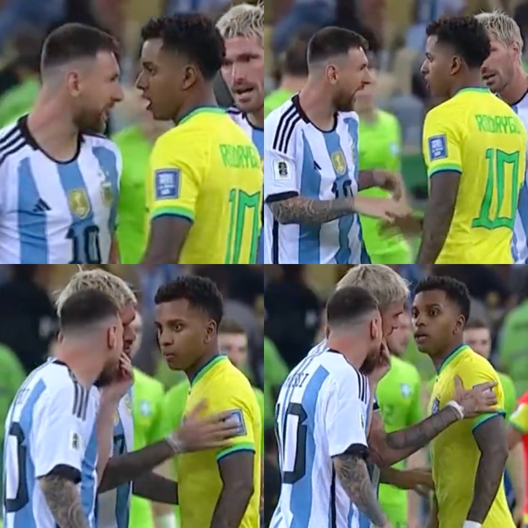 InvictosSomos's tweet photo. El cruce entre Lionel Messi y Rodrygo Goes en El Maracaná. El momento se dio justo cuando Argentina volvió a la cancha tras haberse ido al vestuario por unos minutos (hasta que hubiera garantías de seguridad para sus aficionados). El jugador del Real Madrid dijo algo que no le gustó nada al capitán argentino. Rodrigo De Paul fue quien los separó. 10 VS 10.