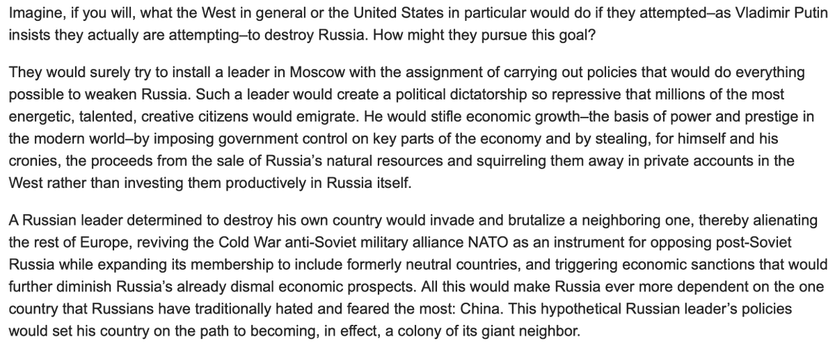 DanielPipes's tweet photo. #MichaelMandelbaum asks what the West would do if it wanted—as #Putin insists it actually is doing—to destroy Russia.
He argues (below) that it would do precisely what Putin has done the past 20+ years.
I.e., the conspiracy theorist = the conspirator.
https://t.co/qFSnWWXMqo https://t.co/btJFrTP1Y8