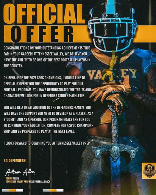 #AGTG I am blessed to have received my second offer from Tennessee Valley Prep❗️❗️ @tnvpsa @AdrianA14341147 @page21marcus @CoachRW24 @CoachBradB @AL6AFootball @RocketCityPreps @HallTechSports1 @JemisonJags