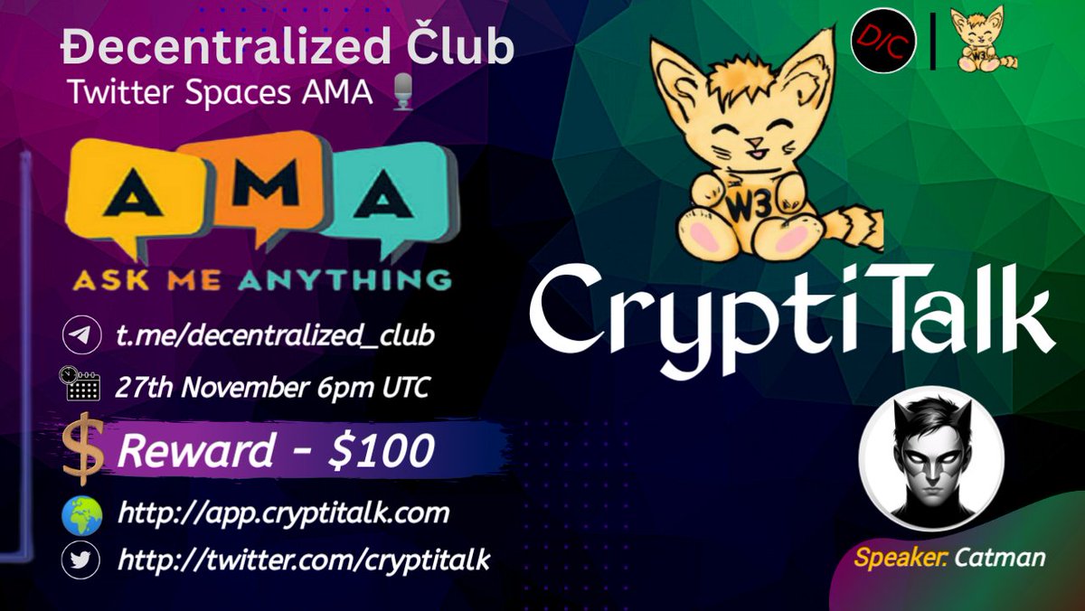 DC Presenting a #TwitterSpaces_AMA🎉 📌 Venue : x.com/i/spaces/1eaKb… ⏰ When : 27th November 6pm UTC 🤑 Reward : $100 10 winners will get $10 each Twitter (5) & Live asking (5) 1⃣ Follow @cryptitalk 2⃣ Like & RT & Tag 3 Friends 3⃣ Post your questions. 🚸 Must Join Verida…