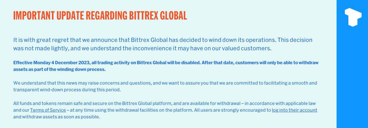 Bittrex Global will cease all trading activity from December 4, 2023, and customers will only be able to withdraw assets after this time. The platform recommends completing necessary transactions before trading is suspended and encourages customers to withdraw funds promptly.
