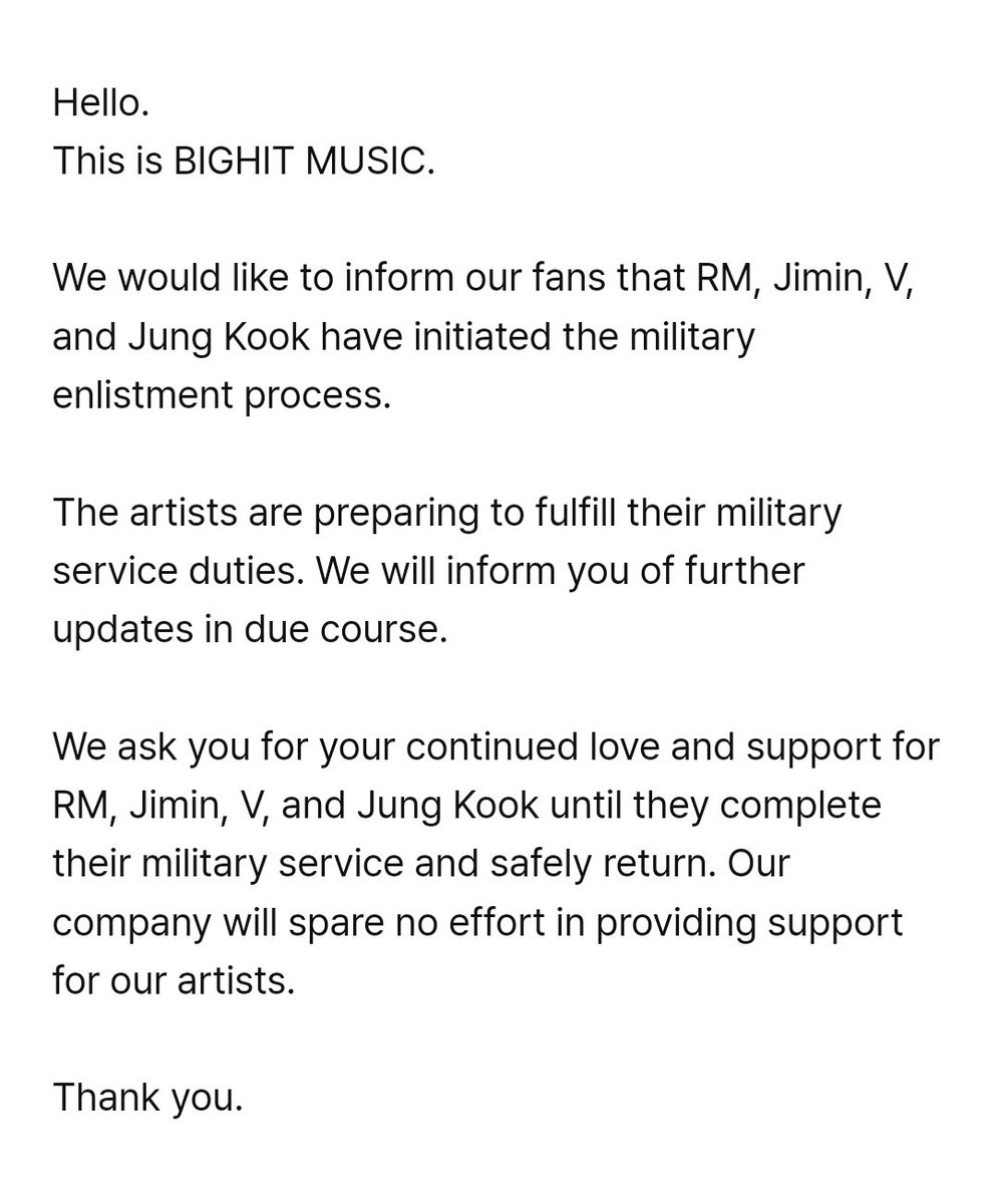 ❗️ A BigHit anunciou que o Jimin, Namjoon, Taehyung e Jungkook iniciaram o processo de alistamento militar. Eles agora estão se preparando para cumprir suas obrigações de serviço militar. Seremos informados de futuras atualizações.