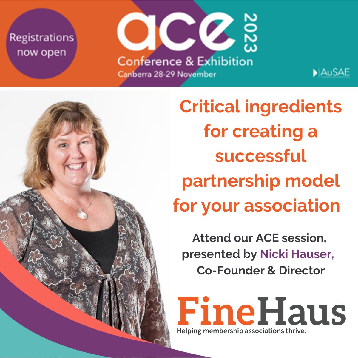 FineHaus is very excited to have Nicki Hauser presenting "Critical Ingredients for Creating a Successful Partnership Model for your Association" at  <a href="/AuSAENews/">AuSAE</a> #ACE2023 Conference and Exhibition in Canberra 28-29 November. 

icmsmeetings.eventsair.com/ausae-ace-2023/

#associationmanagement