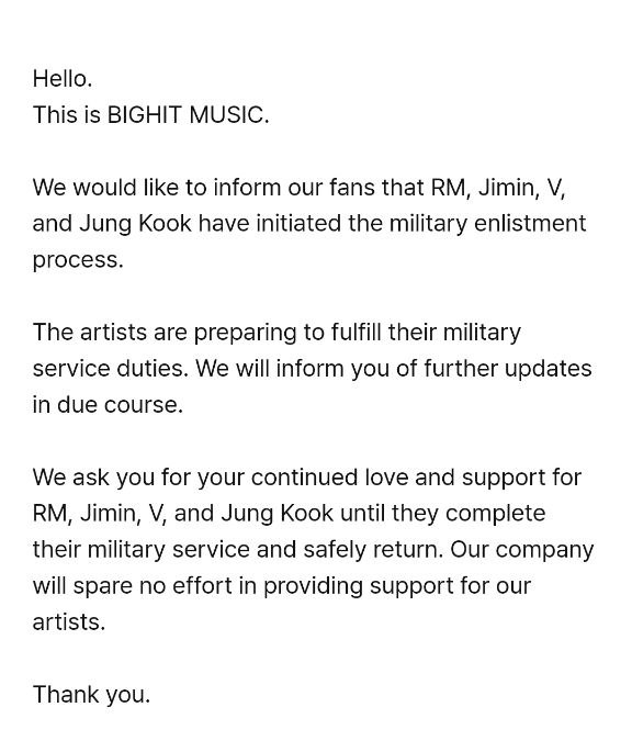 🏢 | COMUNICADO: RM, JM, V y JK iniciarán su proceso del SM. A través de Weverse, BIGHIT MUSIC ha anunciado que los miembros RM, Jimin, V y Jungkook (de @BTS_twt) ya iniciaron su proceso de alistamiento militar y pronto comenzarán a prepararse para cumplir su servicio militar.