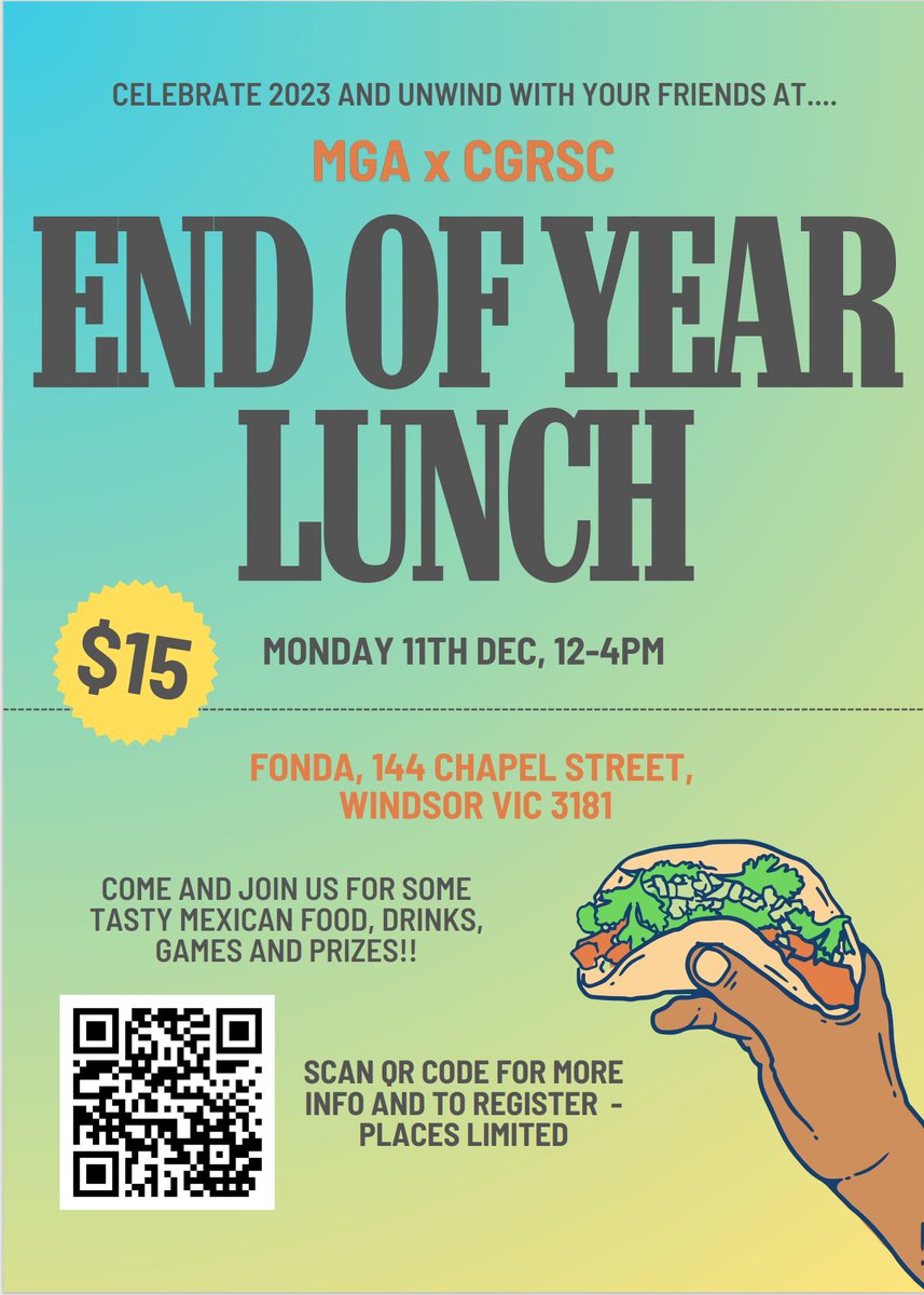 CGRSC x MGA End of Year Lunch is around the corner! Grab your friends and join us at the Fonda Rooftop on Monday, 11 Dec. It will be a fun afternoon with great food, drinks, games, and generous prizes! Cannot find a better way to wind down and reflect on 2023😊
