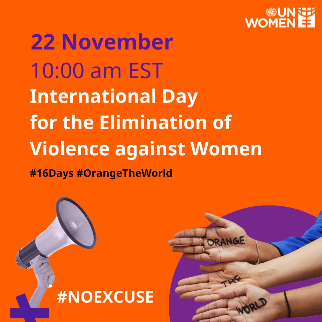 UN Women (@un_women) on Twitter photo 📣Join the official <a href="/UN/">United Nations</a> Commemoration of the International Day for the Elimination of Violence against Women.
There is #NoExcuse for gender-based violence.
⏰ Wed 22 November, 10am EST
📺Tune in live: unwo.men/Jsuk50Qa0rG
<a href="/SayNO_UNiTE/">Say NO - UNiTE</a> #16Days #OrangeTheWorld 📣Join the official <a href="/UN/">United Nations</a> Commemoration of the International Day for the Elimination of Violence against Women.
There is #NoExcuse for gender-based violence.
⏰ Wed 22 November, 10am EST
📺Tune in live: unwo.men/Jsuk50Qa0rG
<a href="/SayNO_UNiTE/">Say NO - UNiTE</a> #16Days #OrangeTheWorld