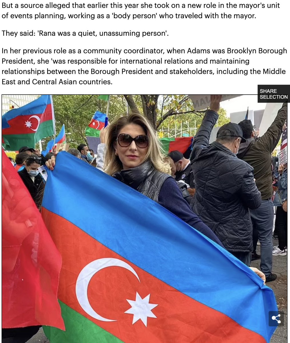 LindseySnell's tweet photo. NYC Mayor staffer Rana Abbasova asked colleagues to delete texts after the FBI raided her home.

The FBI is investigating whether funds funnelled to Adams by the Turkish gov were in exchange for the city fast-tracking construction permits for the Turkevi Center.

Still baffling that no one thought it was weird that an NYC borough pres needed an employee responsible for building relationships with Turkic countries.